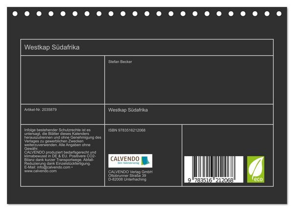 Produktbild: Westkap S&uuml;dafrika (Tischkalender 2026 DIN A5 quer), CALVENDO Monatskalender