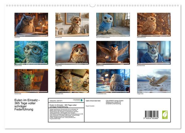 Produktbild: Eulen im Einsatz - 365 Tage voller schr&auml;ger Federf&uuml;hrung (hochwertiger Premium Wandkalender 2026 DIN A2 quer), Kunstdruck in Hochglanz