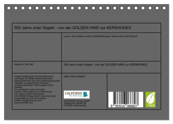 Produktbild: 500 Jahre unter Segeln - von der GOLDEN HIND zur KERSHONES (Tischkalender 2026 DIN A5 quer), CALVENDO Monatskalender