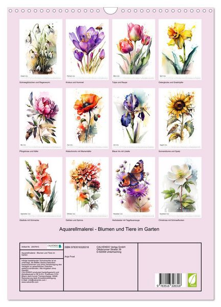 Produktbild: Aquarellmalerei - Blumen und Tiere im Garten (Wandkalender 2026 DIN A3 hoch), CALVENDO Monatskalender
