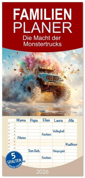Familienplaner 2026 - Die Macht der Monstertrucks mit 5 Spalten (Wandkalender, 21 x 45 cm) CALVENDO