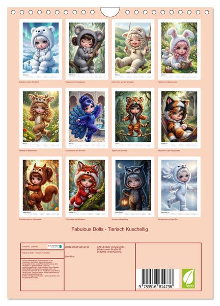 Produktbild: Fabulous Dolls - Tierisch Kuschellig (Wandkalender 2027 DIN A4 hoch), CALVENDO Monatskalender