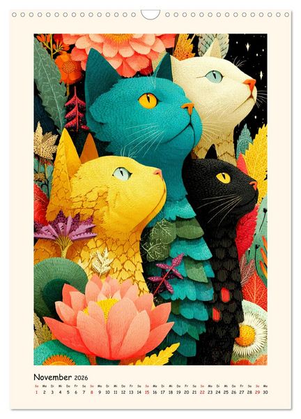 Produktbild: Katzenkunst. K&uuml;nstlerische Paintings im modernen Folk-Stil (Wandkalender 2026 DIN A3 hoch), CALVENDO Monatskalender