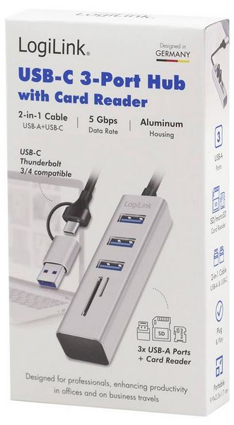 Produktbild: LogiLink UA0445 USB-Hub 3 Port USB-A, SDHC, microSDHC USB 3.0 5 GBit/s Aluminium UA0445