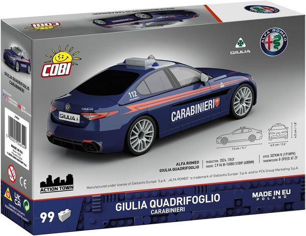 Produktbild: COBI-24654 - Alfa Romeo Giulia Quadrifoglio Carabinieri, Bausatz 1:35, 99 Klemmbausteine