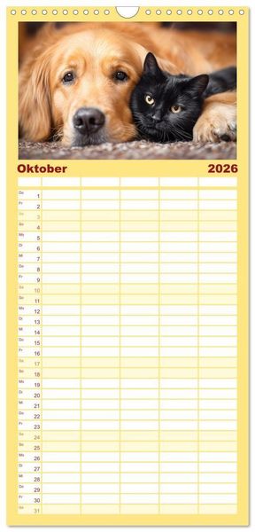 Produktbild: Familienplaner 2026 - Hund und Katze - Tierische Freunde mit 5 Spalten (Wandkalender, 21 x 45 cm) CALVENDO