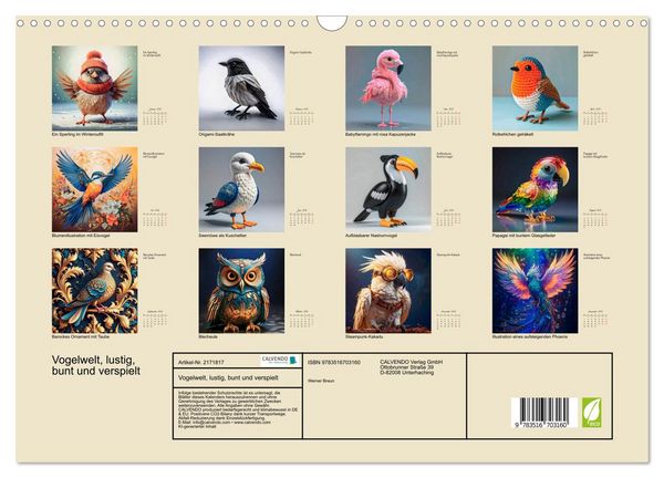Produktbild: Vogelwelt, lustig, bunt und verspielt (Wandkalender 2026 DIN A3 quer), CALVENDO Monatskalender