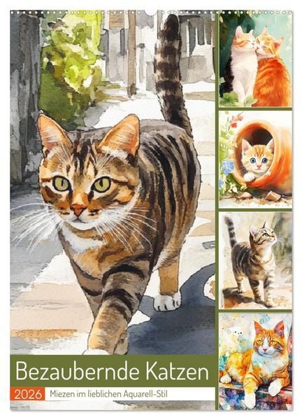 Produktbild: Bezaubernde Katzen. Miezen im lieblichen Aquarell-Stil (Wandkalender 2026 DIN A2 hoch), CALVENDO Monatskalender