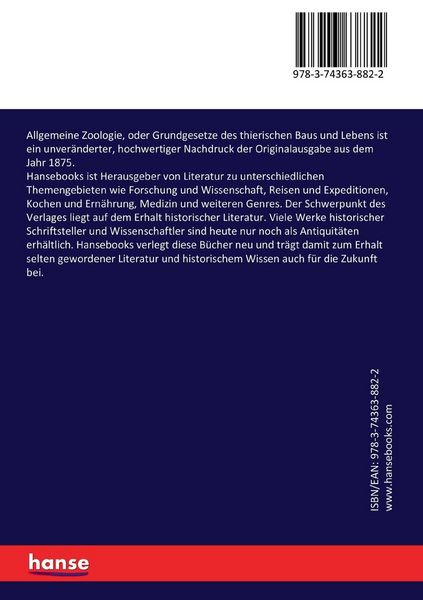Produktbild: Allgemeine Zoologie, oder Grundgesetze des thierischen Baus und Lebens