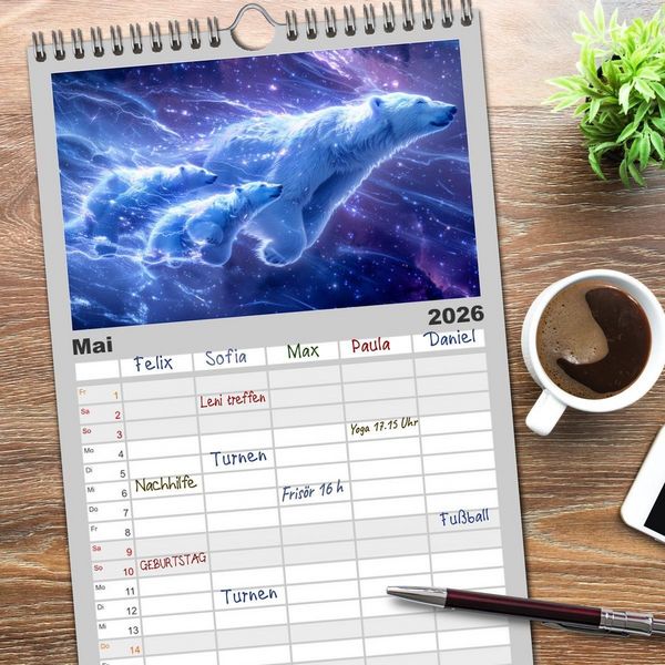 Produktbild: Familienplaner 2026 - Tiere im Weltraum mit 5 Spalten (Wandkalender, 21 x 45 cm) CALVENDO