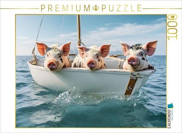 CALVENDO Puzzle Freche rosa Schweinchen beim Segeln | 1000 Teile Lege-Größe 64x48cm Foto-Puzzle für glückliche Stunden