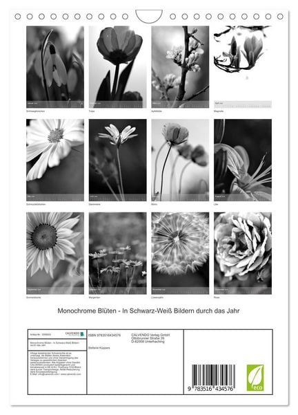 Produktbild: Monochrome Bl&uuml;ten - In Schwarz-Wei&szlig; Bildern durch das Jahr (Wandkalender 2026 DIN A4 hoch), CALVENDO Monatskalender