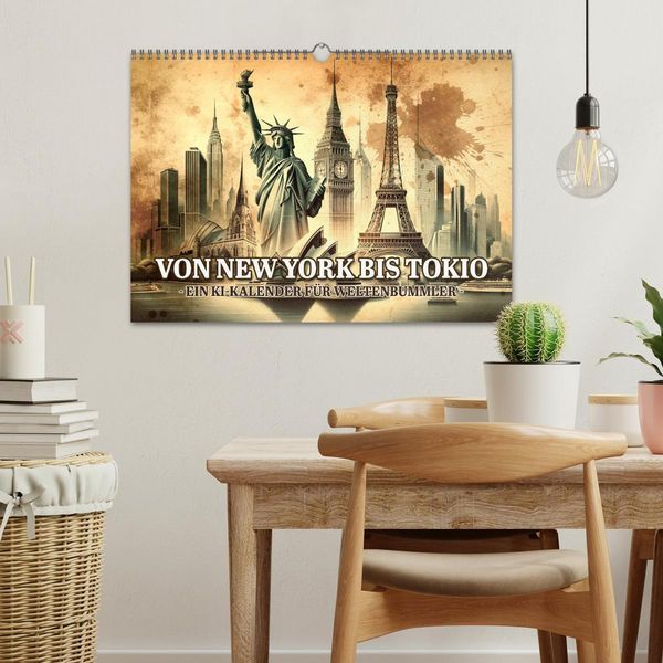 Produktbild: Von New York bis Tokio - Ein KI-Kalender f&uuml;r Weltenbummler (Wandkalender 2026 DIN A3 quer), CALVENDO Monatskalender