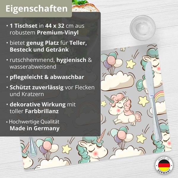 Produktbild: Tischsetmacher Tischset f&uuml;r Kinder S&uuml;&szlig;e Einh&ouml;rner, aus hochwertigem Vinyl , 44 x 32 cm