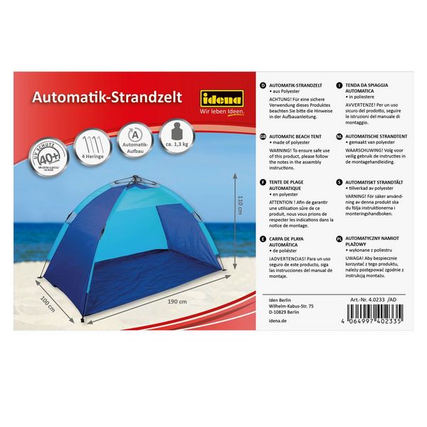 Produktbild: Idena Automatik Strandzelt UV40+ mit Tragetasche blau/t&uuml;rkis 190x100x110cm