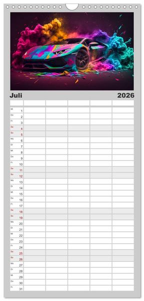 Produktbild: Familienplaner 2026 - Supercars im Farbenrausch mit 5 Spalten (Wandkalender, 21 x 45 cm) CALVENDO