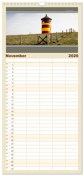 Produktbild: Familienplaner 2026 - Der Pilsumer Leuchtturm mit 5 Spalten (Wandkalender, 21 x 45 cm) CALVENDO