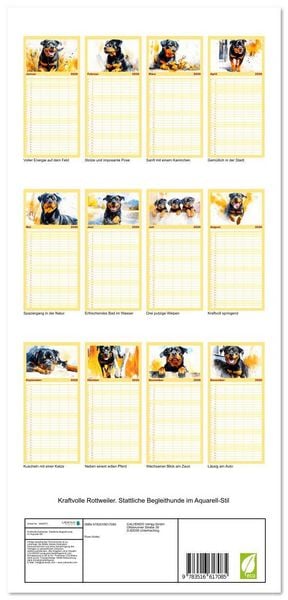 Produktbild: Familienplaner 2026 - Kraftvolle Rottweiler. Stattliche Begleithunde im Aquarell-Stil mit 5 Spalten (Wandkalender, 21 x 45 cm) CALVENDO