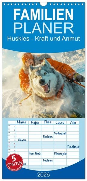 Produktbild: Familienplaner 2026 - Huskies - Kraft und Anmut mit 5 Spalten (Wandkalender, 21 x 45 cm) CALVENDO