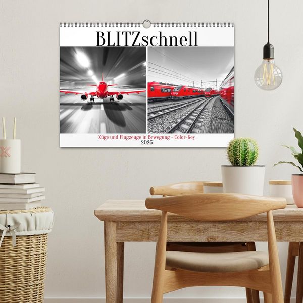 Produktbild: BLITZschnell - Z&uuml;ge und Flugzeuge in Bewegung - Color-Key (Wandkalender 2026 DIN A3 quer), CALVENDO Monatskalender