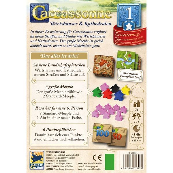 Produktbild: Hans im Gl&uuml;ck HIGD0131 - Carcassonne, Wirtsh&auml;user & Kathedralen (Auflage 2025), 1. Erweiterung