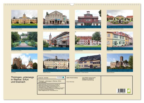 Produktbild: Th&uuml;ringen, unterwegs in Weimar, Erfurt und Eisenach (Wandkalender 2026 DIN A2 quer), CALVENDO Monatskalender