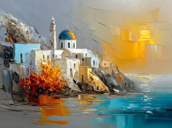 Produktbild: CALVENDO Puzzle Ein Nachmittag in Santorini - das Sonnenlicht streift die wei&szlig;en Kykladenh&auml;user auf der Klippe | 2000 Teile Lege-Gr&ouml;&szlig;e 90x67cm Foto-Pu