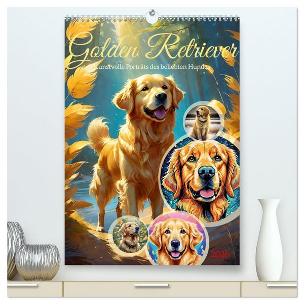 Produktbild: Golden Retriever. Kunstvolle Portr&auml;ts des beliebten Hundes (hochwertiger Premium Wandkalender 2026 DIN A2 hoch), Kunstdruck in Hochglanz