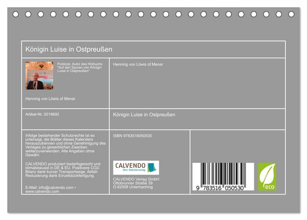 Produktbild: K&ouml;nigin Luise in Ostpreu&szlig;en (Tischkalender 2026 DIN A5 quer), CALVENDO Monatskalender