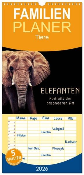 Produktbild: Familienplaner 2026 - Elefanten - Portraits der besonderen Art mit 5 Spalten (Wandkalender, 21 x 45 cm) CALVENDO
