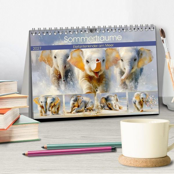 Produktbild: Sommertr&auml;ume. Elefantenkinder am Meer (Tischkalender 2027 DIN A5 quer), CALVENDO Monatskalender
