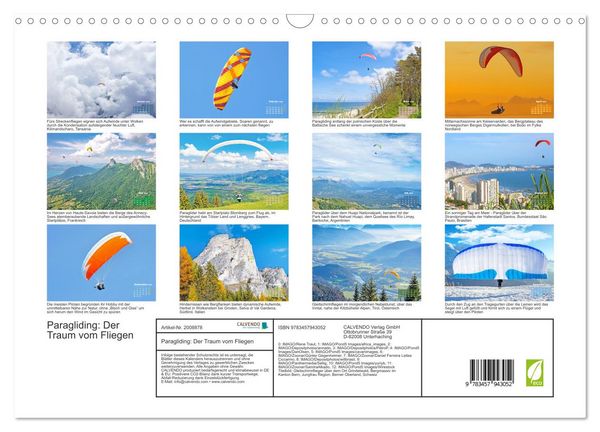 Produktbild: Paragliding: Der Traum vom Fliegen (Wandkalender 2026 DIN A3 quer), CALVENDO Monatskalender