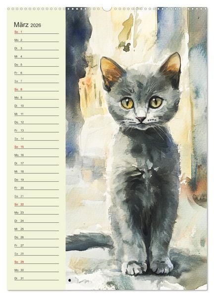 Produktbild: Bezaubernde Katzen. Miezen im lieblichen Aquarell-Stil (Wandkalender 2026 DIN A2 hoch), CALVENDO Monatskalender