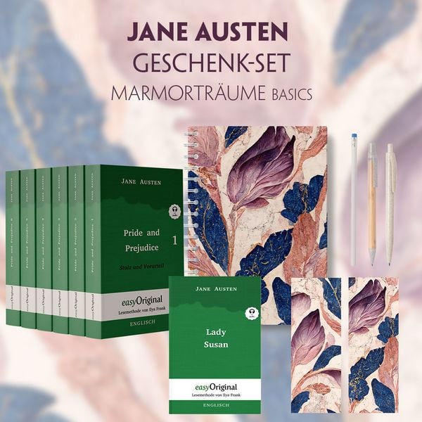 Produktbild: Jane Austen Geschenkset - 7 B&uuml;cher (Softcover + Audio-Online) + Marmortr&auml;ume Schreibset Basics