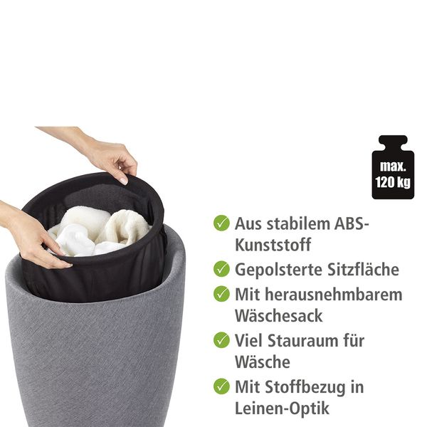Hocker Mod. Candy Grey Leinenoptik, mit abnehmbarem Wäschesammler