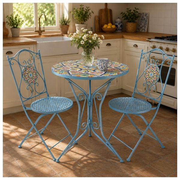 Produktbild: HTI-Living Bistro Sitzgruppe Metall blau Tisch mit 2 St&uuml;hlen Balkon Set Gartenm&ouml;bel Mosaik
