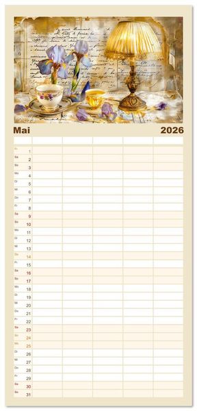 Produktbild: Familienplaner 2026 - Shabby Chic Romantik - Vintage Tassen, Blumen und nostalgische Briefe mit 5 Spalten (Wandkalender, 21 x 45 cm) CALVENDO