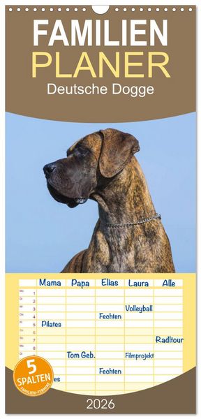 Produktbild: Familienplaner 2026 - Deutsche Dogge mit 5 Spalten (Wandkalender, 21 x 45 cm) CALVENDO