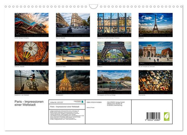 Produktbild: Paris - Impressionen einer Weltstadt (Wandkalender 2026 DIN A3 quer), CALVENDO Monatskalender