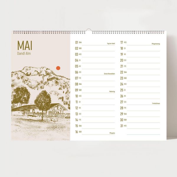 Produktbild: Alm Kalender 2027 &ndash; Chiemgauer Alpen | Handgezeichneter Wandkalender mit 12 Almen | Illustrativer Monatskalender, A4 quer