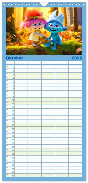 Produktbild: Familienplaner 2026 - Die bunte Welt der Trolle mit 5 Spalten (Wandkalender, 21 x 45 cm) CALVENDO