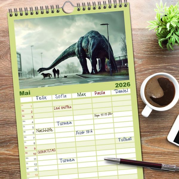 Produktbild: Familienplaner 2026 - Wie w&auml;re es mit einem Dinosaurier als Haustier? mit 5 Spalten (Wandkalender, 21 x 45 cm) CALVENDO