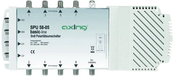 Axing SPU 58-05 SAT Multischalter Eingänge (Multischalter): 5 (4 SAT/1 terrestrisch) Teilnehmer-Anzahl: 8 Quad-LNB-taugl