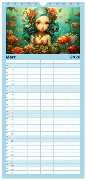 Produktbild: Familienplaner 2026 - Zauberhafte Meerjungfrauen. Liebliche Illustrationen mit 5 Spalten (Wandkalender, 21 x 45 cm) CALVENDO