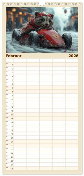 Produktbild: Familienplaner 2026 - Tierische Rennfahrer - Mit Tieren im Oldtimer durch das Jahr mit 5 Spalten (Wandkalender, 21 x 45 cm) CALVENDO