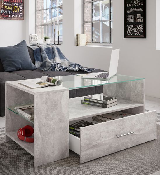 Produktbild: Holz Sofatisch Couchtisch Schublade Glas Tindala