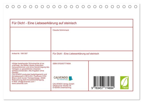 Produktbild: F&uuml;r Dich! - Eine Liebeserkl&auml;rung auf steinisch (Tischkalender 2026 DIN A5 quer), CALVENDO Monatskalender