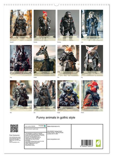 Produktbild: Funny animals in gothic style (High Quality Premium Wall Calendar 2026 DIN A2 portrait),CALVENDO 12 Month Wall Calendar