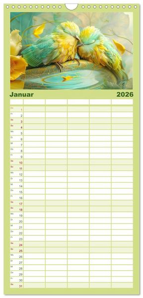 Produktbild: Familienplaner 2026 - Farbenfrohe Fantasiev&ouml;gel mit 5 Spalten (Wandkalender, 21 x 45 cm) CALVENDO