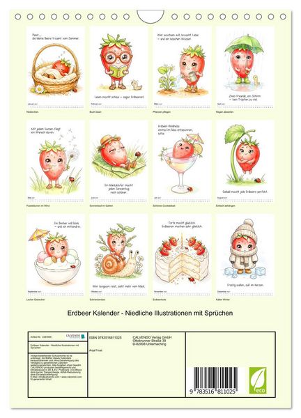 Produktbild: Erdbeer Kalender - Niedliche Illustrationen mit Spr&uuml;chen (Wandkalender 2027 DIN A4 hoch), CALVENDO Monatskalender